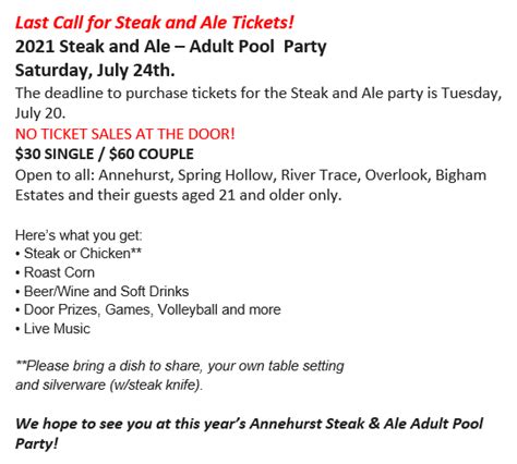 Last Call 2021 Annehurst Steak And Ale Adult Pool Party Annehurst