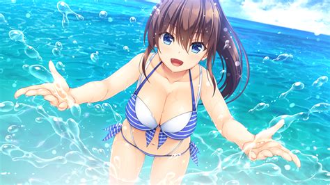 Aqua Eyes Asami Asami Bikini Blush Breasts Brown Hair Cleavage Clouds