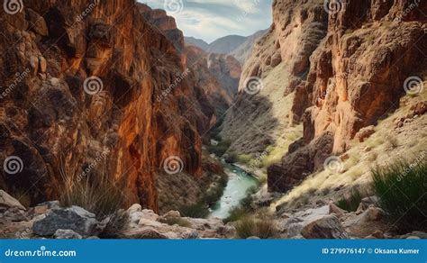Steep Canyon With Jagged Rocky Cliffs Rising On Both Sides Of The