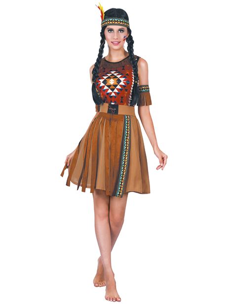 Farbenfrohes Indianerin Kostüm Squaw Verkleidung Für Damen Braun