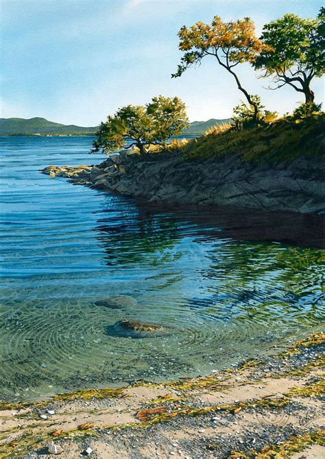 An Oil Painting Of Trees And Water On The Shore By A Rocky Shoreline
