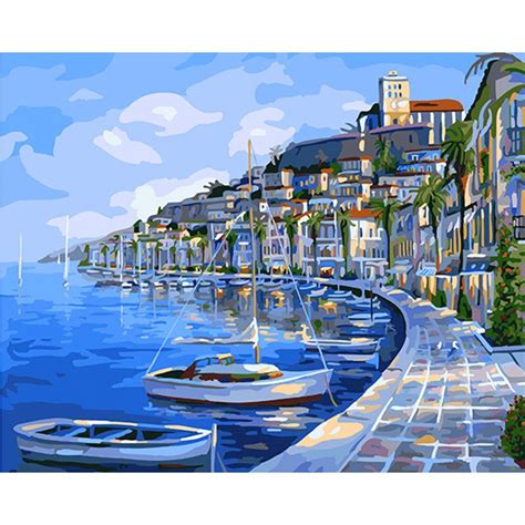 Romantic Blue Harbor With Frame Pictures Painting By Numbers Diy