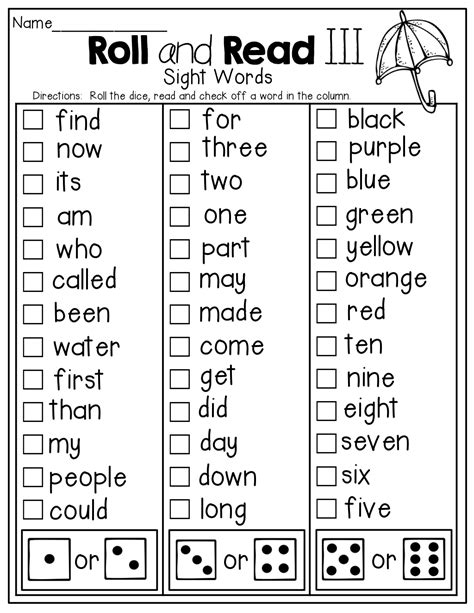 Worksheet On Roll And Read Sight Words