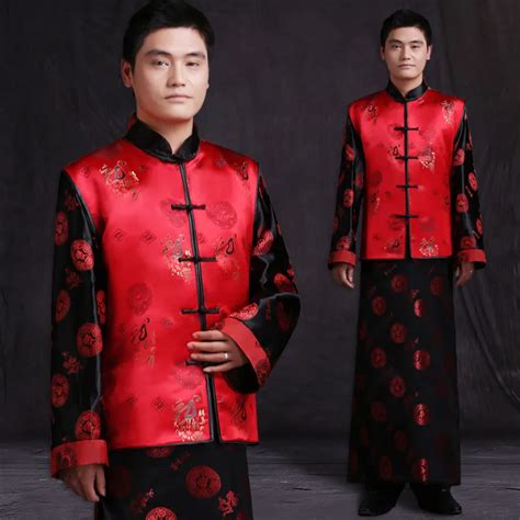 Mens Male Red Chinese Style Ancient Costume Groom Dress Jacket Long