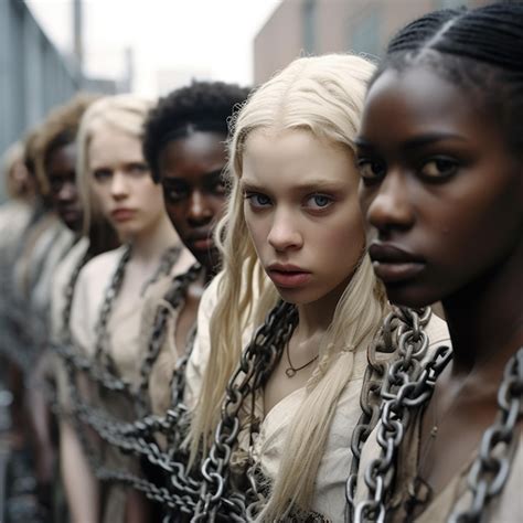 premium photo beautiful girls hostages captives slaves in shackles and chains work as slaves