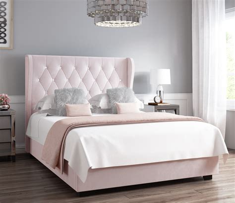 Safina Diamante Wing Back Double Ottoman Bed In Light Pink Velvet