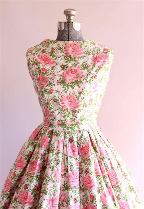 Vintage 1950s Dress 50s Cotton Dress Pink And Green Floral Etsy