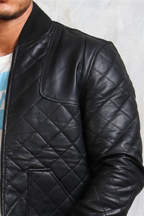 Mens Bomber Leather Jacket Diamond Quilted Jacket