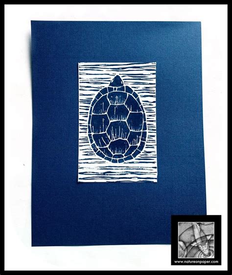 Blue Turtle Linocut Turtle Blockprint Original Turtle Deep Etsy