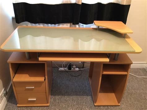 Computer Desk With Sliding Keyboard And Working Shelves Raised Monitor