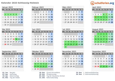 Kalender 2023 Ferien Schleswig Holstein Feiertage