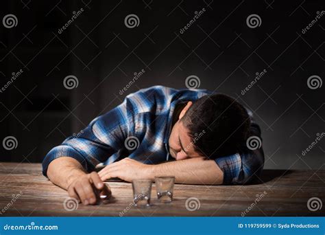 Drunk Man With Empty Glasses On Table At Night Stock Image Image Of