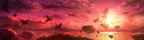 3840x1080 Anime Girl Into Sunset Hd Art 3840x1080 Resolution Wallpaper
