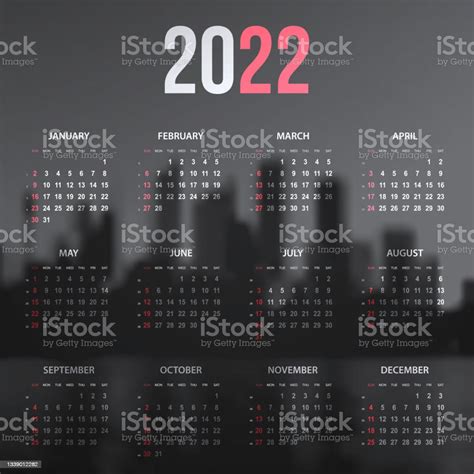 Vetores De Calendário 2022 No Horizonte Da Cidade Em Preto E Branco E