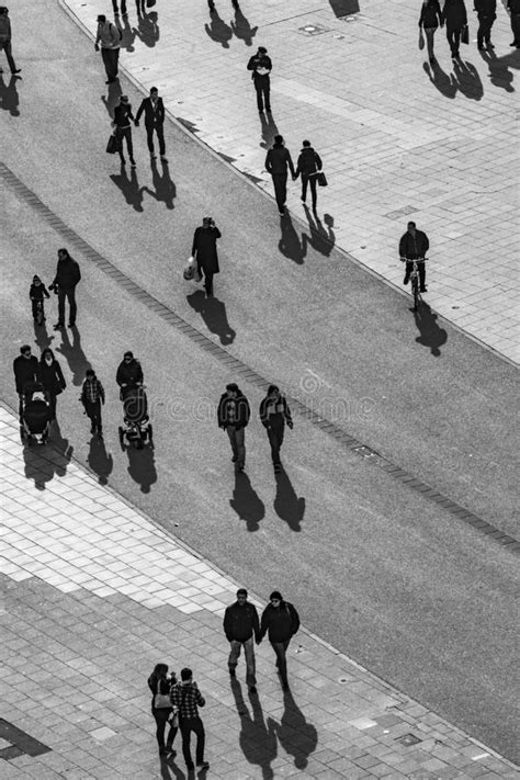 People Crowd Walking On Around City Square View From The Top Stock