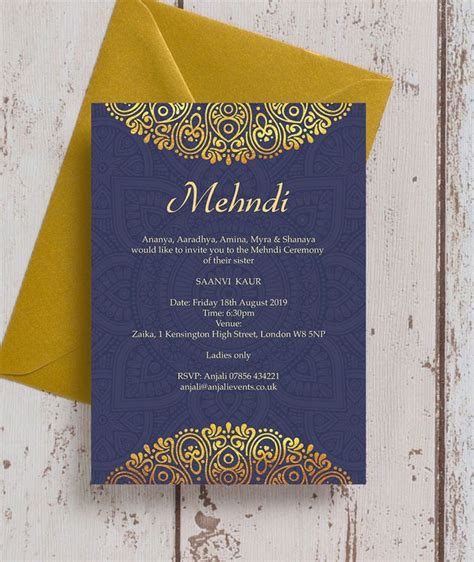 Personalised Indianasian Navy Blue And Gold Mehndi Baraat Cards