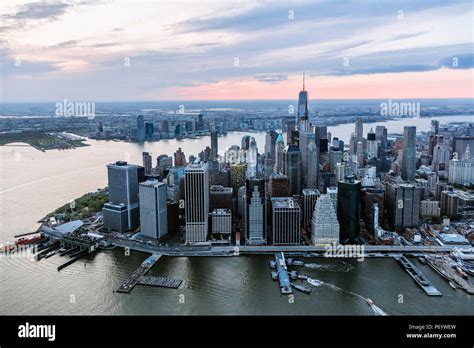 Aerial Of Lower Manhattan Skyline At Sunset New York Usa Stock Photo