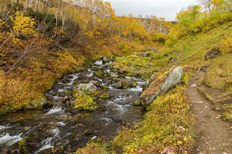 River In Mountains Beautiful Autumn Landscape In Kamchatka Near