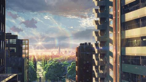Then the typical shinkai tropes kick in. city, Sky, Clouds, Sunrise, Trees, The Garden of Words ...