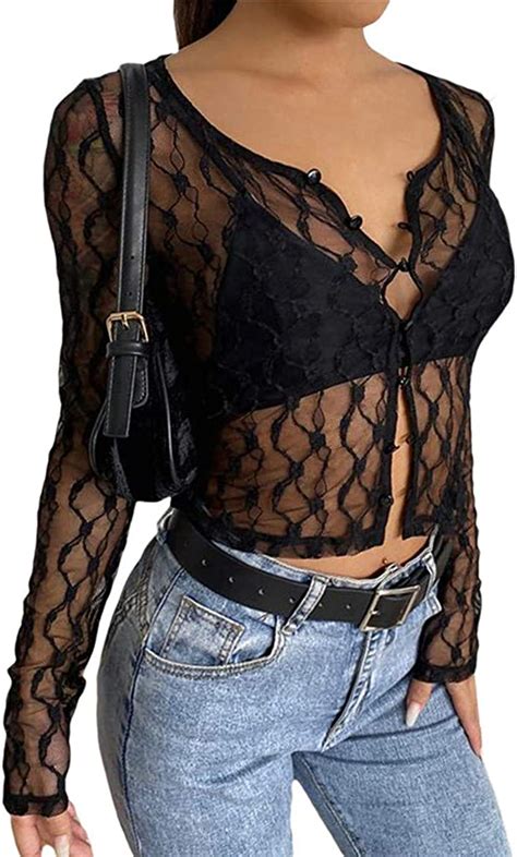 N C Women Sexy Lace Tops Round Neck Long Sleeve See