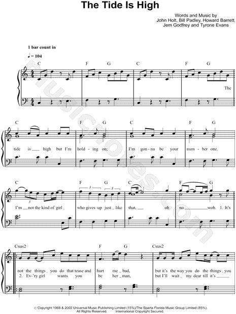 If you are a premium member, you have total access to our video. Blondie "The Tide Is High" Sheet Music (Easy Piano) in C ...