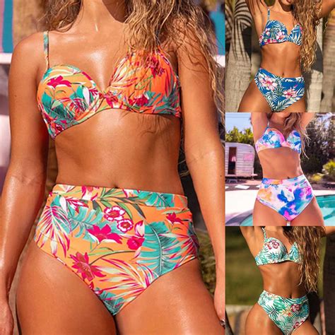 Yamaler 2 Pcsset Summer Bikini Set Colorful Floral Print Backless High