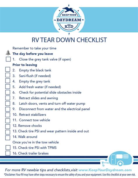 Free Printable Rv Setup Checklist Detailed List For Packing Your Rv