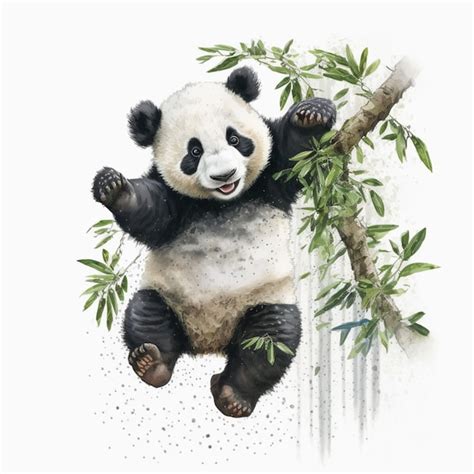 Premium Ai Image Panda Bear Hanging On A Tree Branch With Leaves And