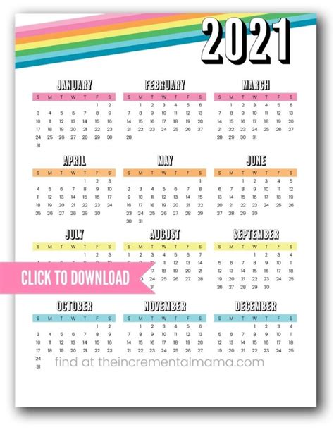 One Page Rainbow 2021 Calendar Free Printable