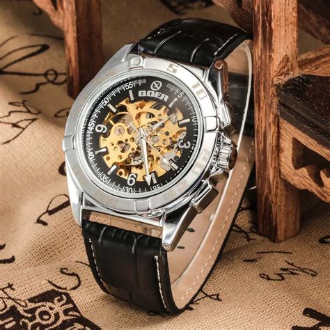 Goer Luxury Brand Mens Watches Leather Strap Automatic Mechanical