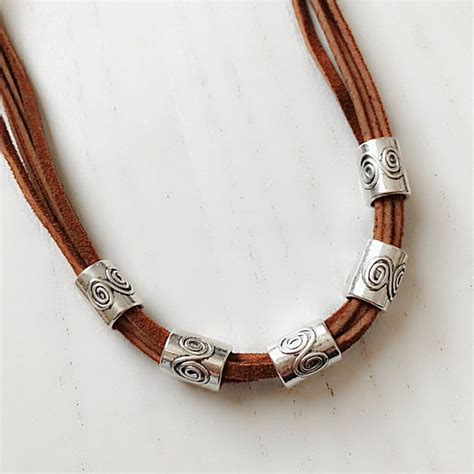 Silver Bead Leather Necklace Multi Strand Suede Boho Tribal Etsy