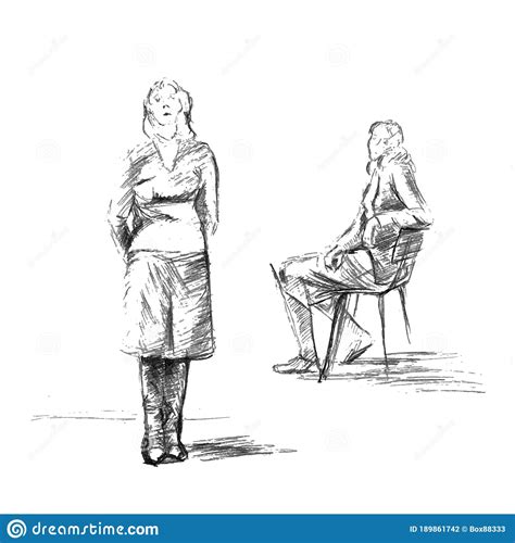 A Rough Pencil Sketch Of Two Babe Women In Clothes Standing Girl With Hands Behind Her Back