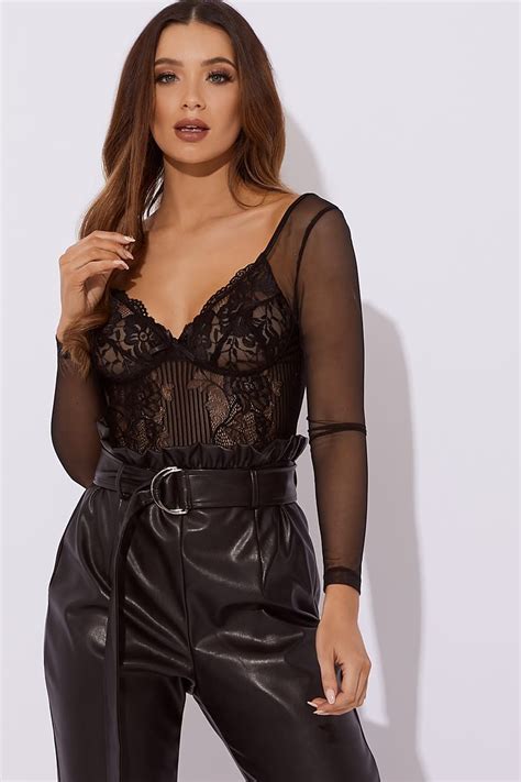 Black Lace With Mesh Sleeve Bodysuit Lace Bodysuit Outfit Mesh Sleeves Bodysuit Fashion