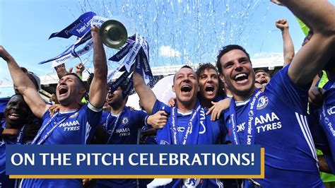 chelsea are 2016 17 premier league champions on the pitch celebrations with the team youtube