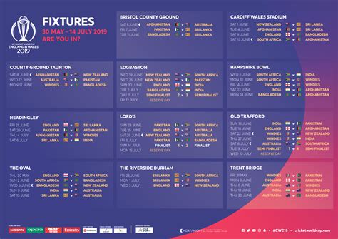 Complete Cricket World Cup 2019 Schedule Cricket World Cup World