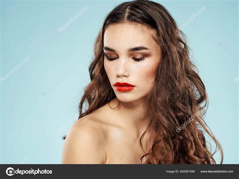 Sexy Model With Red Lips Nude Shoulders Makeup Cropped Look Stock Photo By Shotstudio