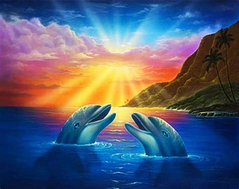 Dolphins At Sunset Playing Sun Painting Colors Sky Artwork Sea