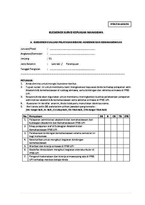 Pdf Kuesioner Survei Kepuasan Mahasiswa Sofyan Bachmid