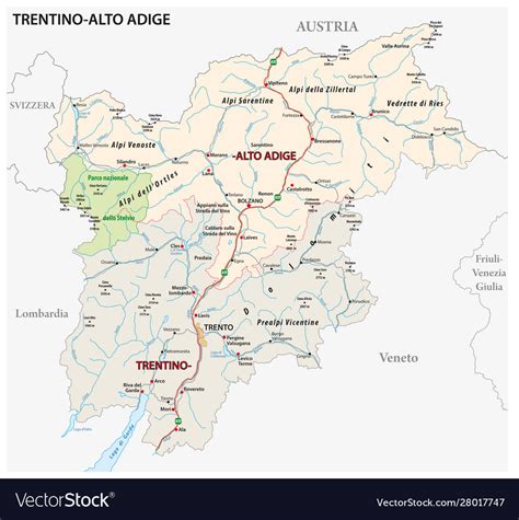 Road Map Italian Region Trentino Alto Adige Vector Image