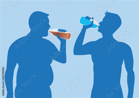 Silhouette Fat Man Drink Soda But Healthy Man Drink Pure Water