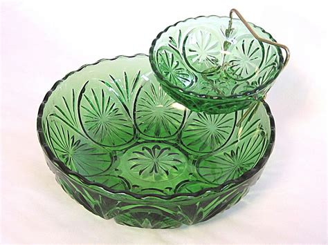 vintage anchor hocking green glass bowls chip and dip set etsy green glass bowls vintage