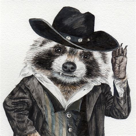 Raccoon Western Bandit Sheriff Funny Wall Watercolor Painting Etsy
