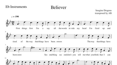 Believer Imagine Dragons Alto Sax Cover Sheet Music Pdf Lyrics