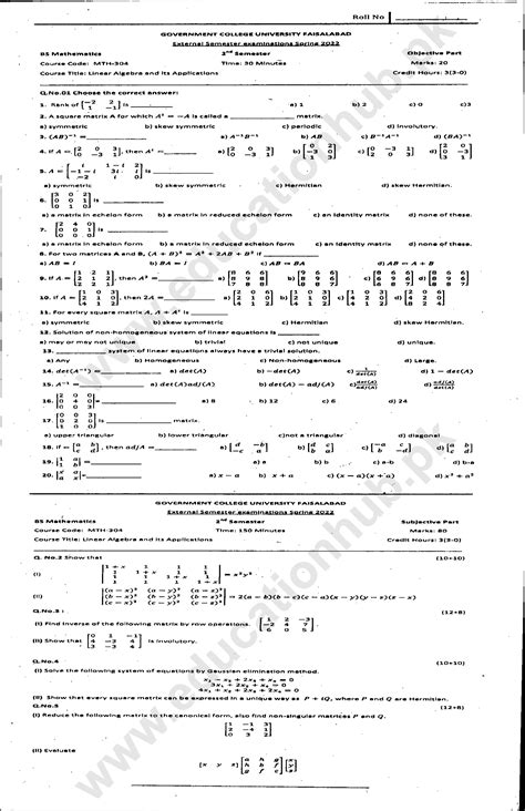 MTH-304 Linear Algebra and Its Applications BS Math GCUF Past Paper