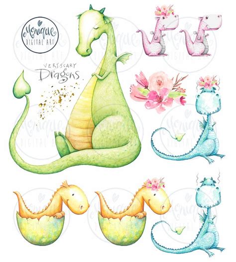 Dragons Clipart Watercolor Boys Clipart Girls Clipart Cute Etsy