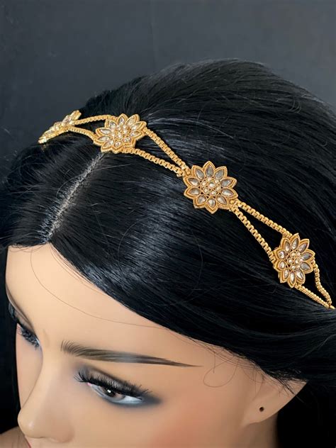 antique gold head band polki pearl mathapatti indian bridal etsy