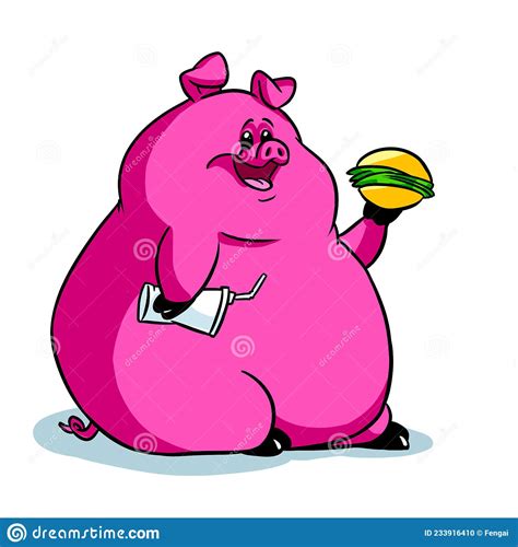 Big Fat Pig Eating Hamburger Illustration Cartoon