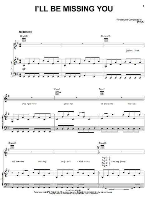 (puff) it's kinda hard with you not around know you're in heaven smilin' down watchin' us while we pray for you everyday we pray for you till the day we meet again in my heart is where i'll keep you friend. I'll Be Missing You | Sheet Music Direct