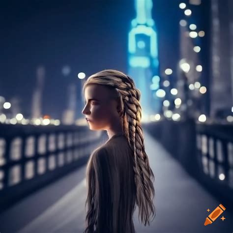 Blonde Girl Standing On A Bridge At Night City Lights In The Background On Craiyon