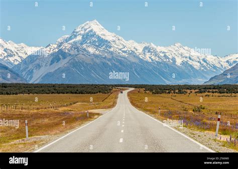Road With View To Mount Cook Snowy Mountains Mount Cook National Park